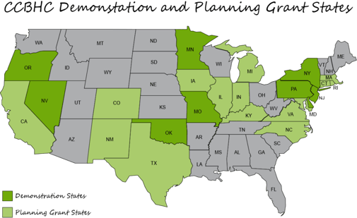 CCBHC Demonstration and Planning Grant States indicated on a map
