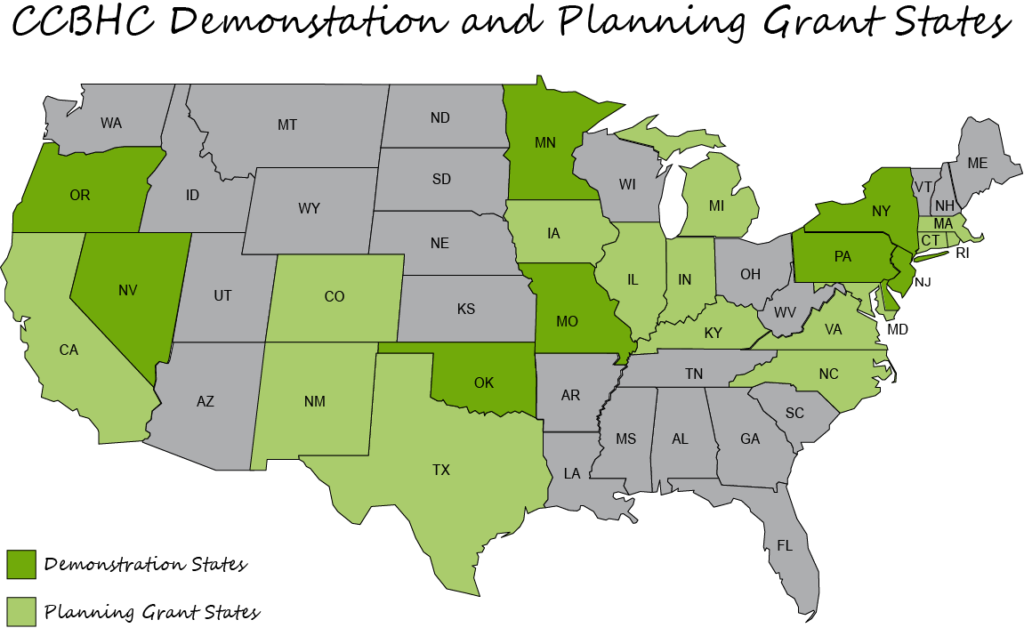 CCBHC Demonstration and Planning Grant States indicated on a map